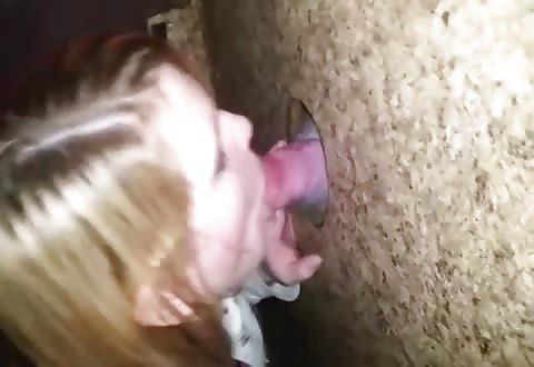 Ondeugende blonde tiener likt hitsig aan een penis door gloryhole
